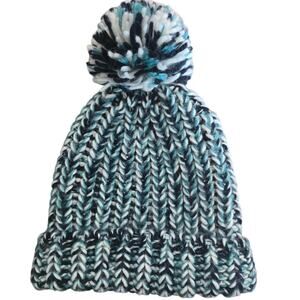 Hollister Cozy Knit Beanie Winter Slouchy Hat Green Cuffed Pom Pom OS